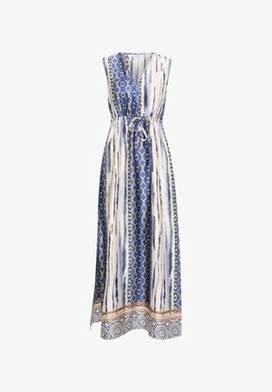 Maxi-jurk met een blauw en crème patroon met verticale strepen en diamantenmotieven, een cinched taille en een geborduurd zoom.