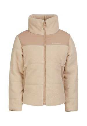 Giacca in pile beige con colletto alto e parte centrale in tessuto liscio, dotata di una zip frontale e due tasche laterali.
