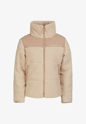 Beige fleece jack met een hoge kraag en een middenstuk van gladde stof, voorzien van een ritssluiting aan de voorkant en twee zijzakken.