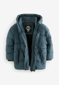 Veste rembourrée en bleu sarcelle foncé, dotée d'une fermeture éclair devant, d'une capuche réglable, de deux poches zippées et d'une finition en tissu texturé.