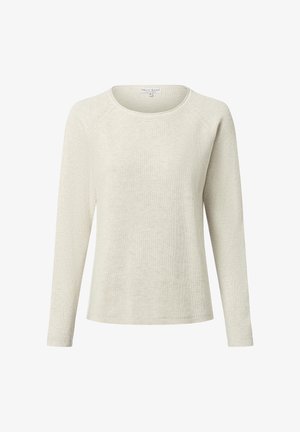 Light beige long-sleeve sweater made from ribbed fabric, featuring a rounded neckline and a relaxed fit design. No visible accents or patterns.