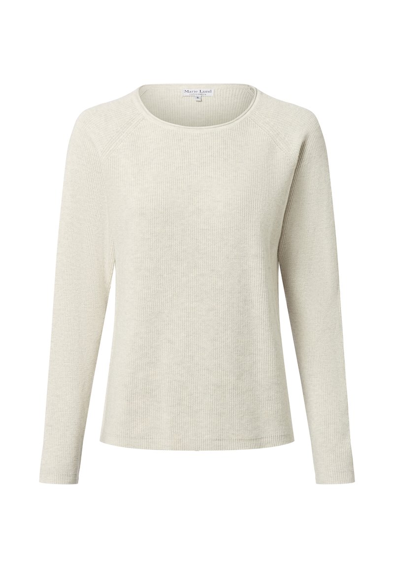Jasno beżowy sweter z długim rękawem wykonany z materiału prążkowanego, featuring okrągły dekolt i luźny krój. Brak widocznych akcentów lub wzorów.