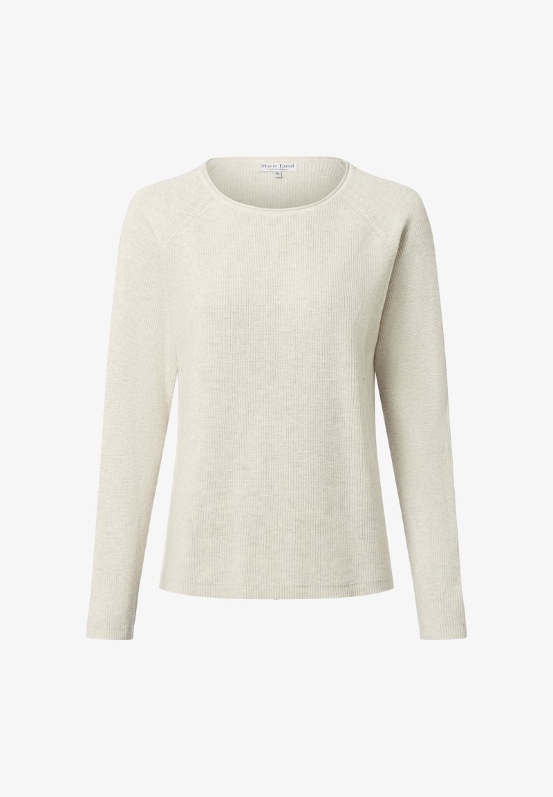 Pull long en beige clair fabriqué en tissu côtelé, avec un col rond et une coupe décontractée. Pas d'accents ou de motifs visibles.