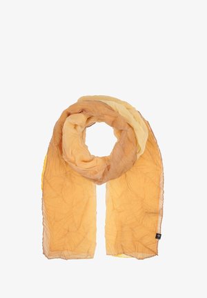 Kerge, kortsuline sall kollase ja beeži gradienttoonis. Pehme tekstuur koos peene mustriga ning õmblustega äärtes.