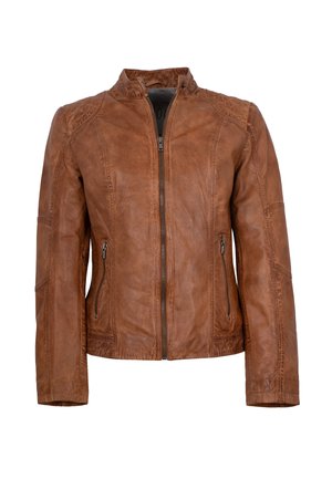 Braune Lederjacke mit Stehkragen, Frontreißverschluss und zwei Seitentaschen. Verfügt über strukturierte Einsätze und gestickte Akzente.