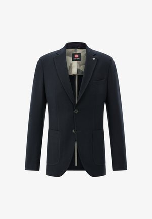 Marineblazer mit zwei vorderen Taschen, Ein-Knopf-Verschluss, Reverskragen und kontrastierendem Tarnmuster-Futter. Glatte Textur und körperbetonte Passform.