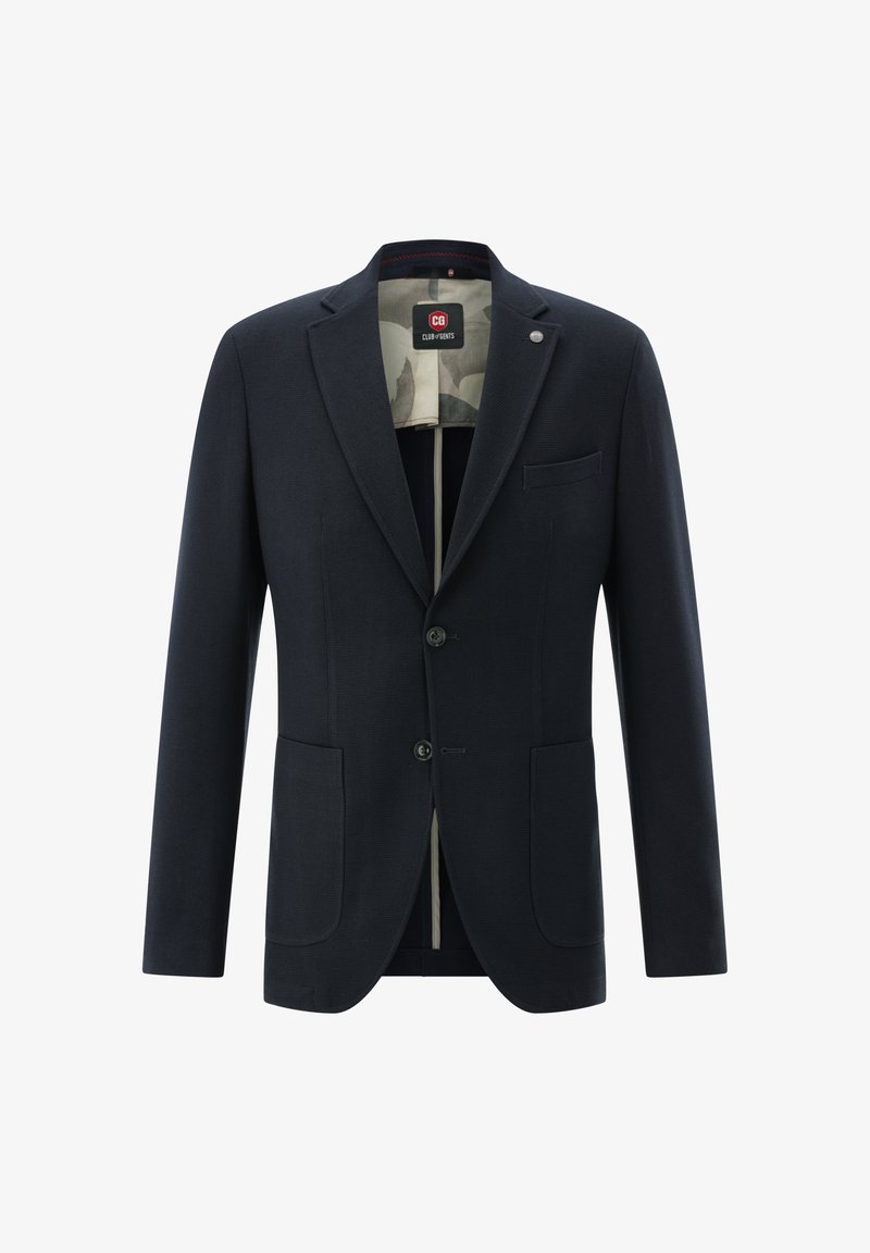 Marineblazer mit zwei vorderen Taschen, Ein-Knopf-Verschluss, Reverskragen und kontrastierendem Tarnmuster-Futter. Glatte Textur und körperbetonte Passform.