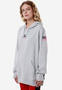 Felpa grigia in misto cotone con tasca a marsupio, caratterizzata da un logo e da una patch della bandiera americana sulla manica sinistra. Maniche lunghe e cappuccio regolabile.