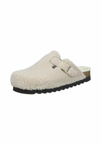 Fuzzy beige clogs with a textured upper, cork footbed, adjustable buckle, and black rubber sole featuring an outsole pattern for grip.