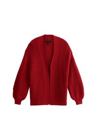Röd, överdimensionerad stickad cardigan med lös passform, djup V-ringning och ribbad struktur. Långa, puffade  ärmar. Inga knappar eller dragkedjor.