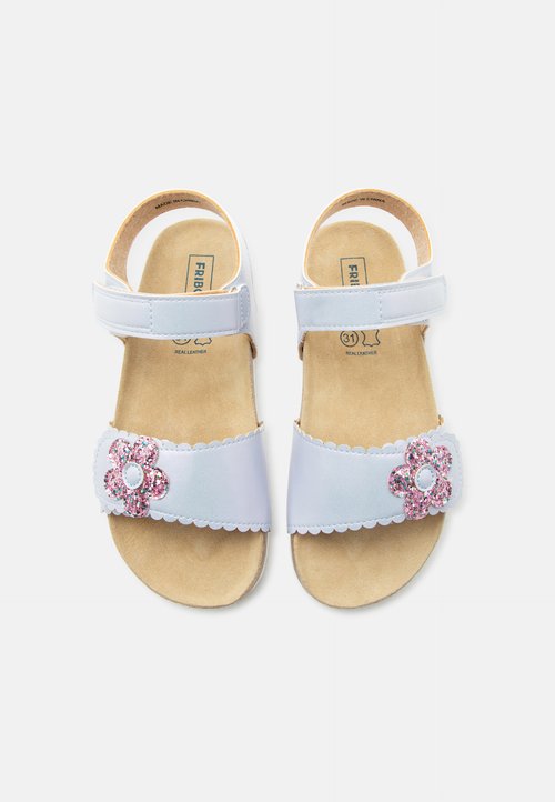 Sandales blanches pour enfants avec brides réglables et décorations de fleurs pailletées roses sur les lanières avant, semelles intérieures beiges, taille 31, cuir véritable.