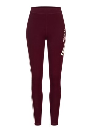 Maroon leggings made of stretch fabric with a high waistband, featuring white side stripes and "LONDON" printed on the front.