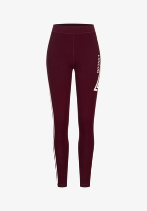 Maroon leggings made of stretch fabric with a high waistband, featuring white side stripes and "LONDON" printed on the front.