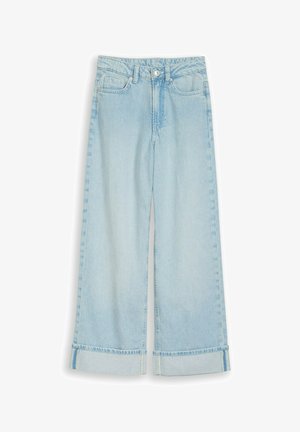 Šviesiai mėlynos spalvos platėjančios džinsinės kelnės su atlenkiamais pakraščiais, priekiniais mygtukais, užtrauktuku ir penkių kišenių dizainu.