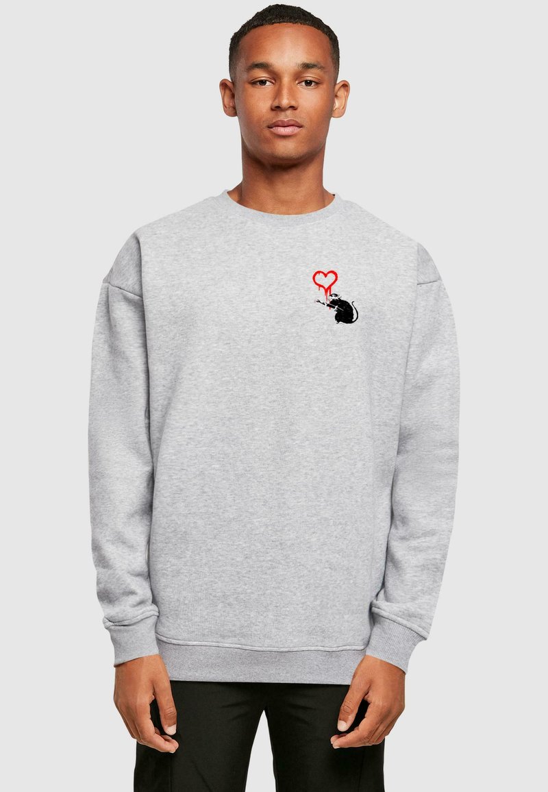 Gray sweatshirt featuring a black rat graphic holding a red heart balloon, round neckline, and ribbed cuffs and hem.