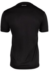 Black short-sleeve athletic shirt made of smooth, lightweight fabric. Features a rounded neckline and a logo printed on the back.