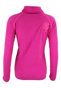 Haut en polaire rose à demi-fermeture éclair avec des manches longues, doté d'un col montant et d'un détail de couture décoratif dans le dos. Texture douce.