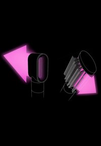 Accessorio per strumenti per capelli elettrici con un'apertura ovale liscia, un corpo cilindrico e una testa a spazzola con setole, illuminato da accenti rosa.