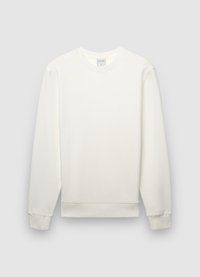 Sweat-shirt couleur crème, design classique, manches longues, poignets et ourlet côtelés, texture douce, marquage minimal au niveau de l'encolure.