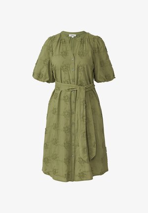Olijfgroene jurk tot op de knie met pofmouwen, knoopsluiting aan de voorkant, zelfstrikkende tailleband en gestructureerd bloemembroderie over de hele jurk.
