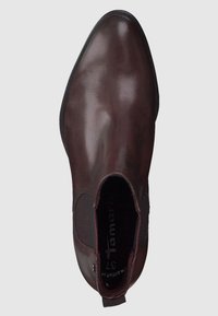 Brauner Leder-Ankle-Boot mit runder Spitze, elastischen seitlichen Einsätzen und glatter Textur. Mit einer Zugschlaufe für einfaches Anziehen. Größe 37.