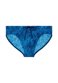 Blå svømmebukser til mænd med mørkeblå koralrevsmønster og sort snøre i taljen.
