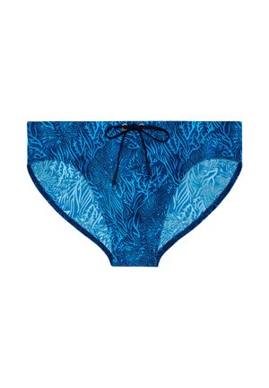 Blaue Badehose für Herren mit dunkelblauem Korallenriff-Muster und schwarzem Kordelzug am Bund.