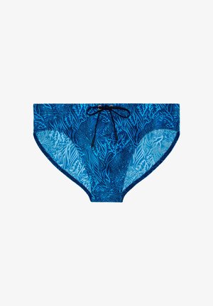 Blaue Badehose für Herren mit dunkelblauem Korallenriff-Muster und schwarzem Kordelzug am Bund.