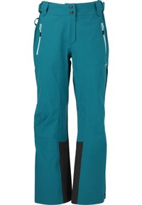 Teal skibukser i ett slitstarkt, vattenavvisande material, med vida ben, kontrasterande svarta nederdelar och zipparade sidofickor.