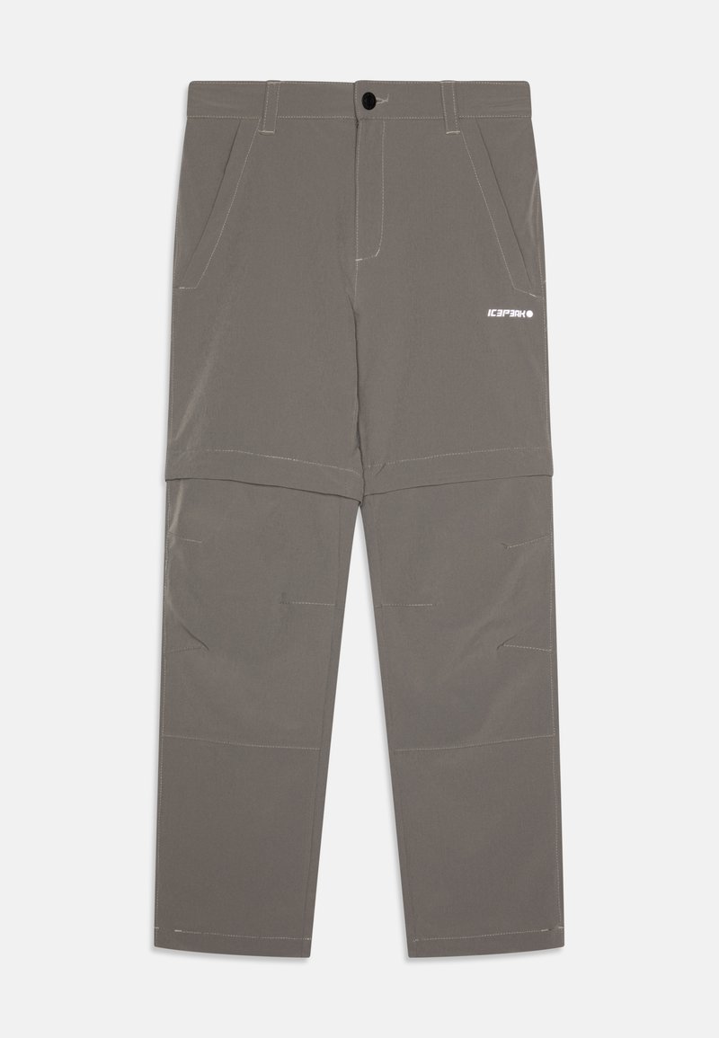 Harmaat cargo-housut kevyestä kankaasta, joissa on useita taskuja, kontrastivärisiä valkoisia ompeleita ja huomaamaton logo sivussa.