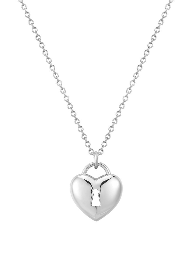 Sølv hjerteformet locket pendant på en kæde, med en nøglehul detalje i midten og en poleret metallisk finish.