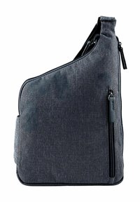 Graue Stoff-Schultertasche mit einem einzigartigen schrägen Design, ausgestattet mit einer Reißverschluss-Tasche auf der Vorderseite und einer strukturierten Stoffoberfläche.