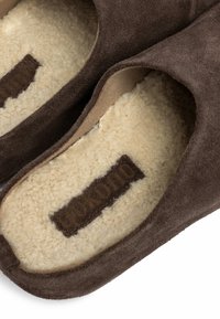 Zapatillas de ante marrón con un suave forro de felpa beige. Detalle del logo notable en la plantilla. Forma redondeada, diseño de talón abierto y textura suave.