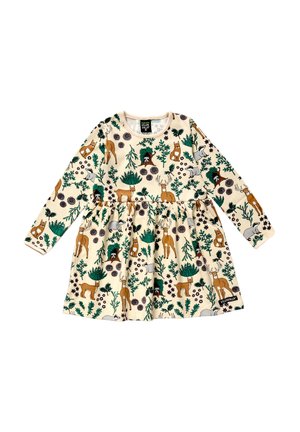 Vestido infantil de manga larga color crema con follaje verde y animales del bosque marrones, incluyendo ciervos, zorros, tejones y mapaches.