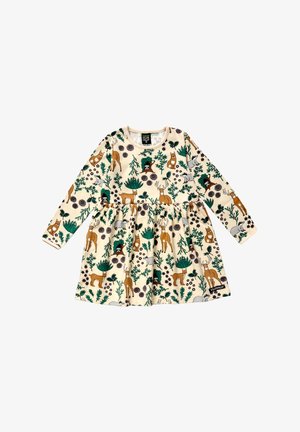 Vestido infantil de manga larga color crema con follaje verde y animales del bosque marrones, incluyendo ciervos, zorros, tejones y mapaches.