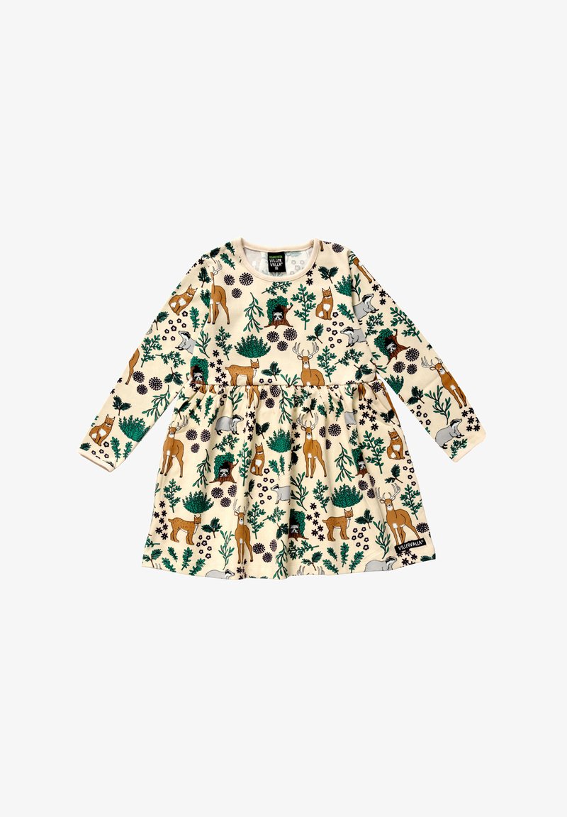 Robe longue à manches longues pour enfants, couleur crème, avec des feuillages verts et des animaux de la forêt bruns, comprenant des cerfs, des renards, des blaireaux et des ratons laveurs.