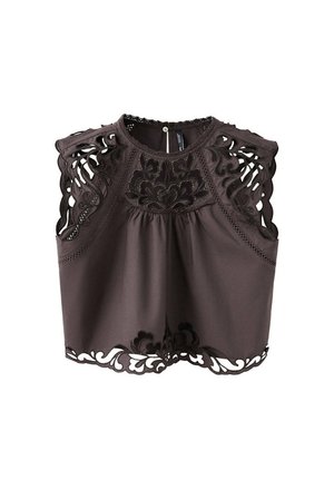 Dunkles ärmelloses Crop-Top mit filigranen floralen Spitzen-Ausschnitten an Schultern, Brust und Saum, mit rundem Ausschnitt und Knopfverschluss.