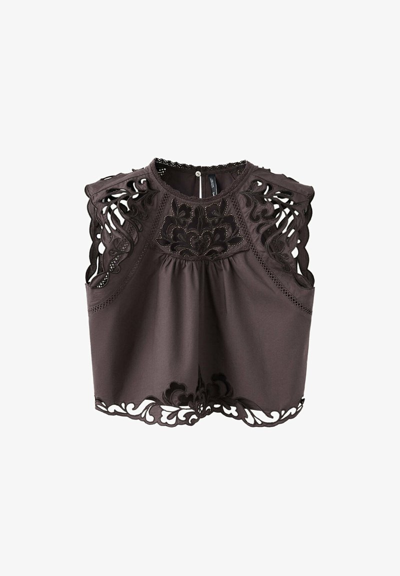 Crop top sombre sans manches avec des motifs en dentelle découpée florale complexes sur les épaules, la poitrine et l'ourlet, doté d'un col rond et d'une fermeture à boutons.