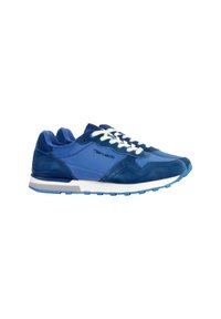 Scarpe da ginnastica blu realizzate in pelle scamosciata e materiale sintetico, con design a lacci, lacci bianchi e suola bianca e blu.