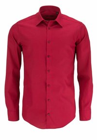 Rode lange mouwen knopenoverhemd met een standaard kraag, met een effen textuur en zeven bijpassende knopen aan de voorkant.