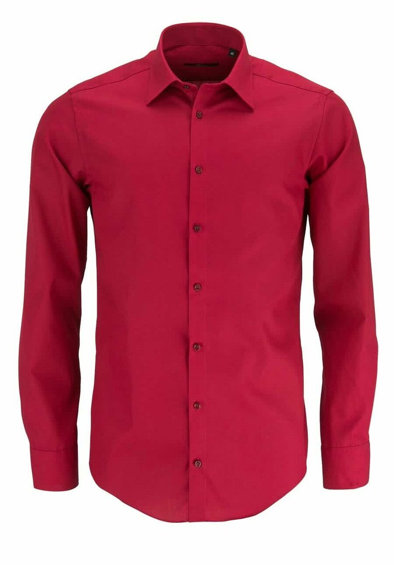 Rode lange mouwen knopenoverhemd met een standaard kraag, met een effen textuur en zeven bijpassende knopen aan de voorkant.