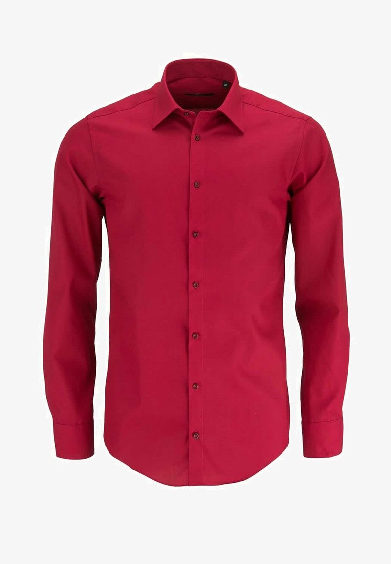 Rode lange mouwen knopenoverhemd met een standaard kraag, met een effen textuur en zeven bijpassende knopen aan de voorkant.
