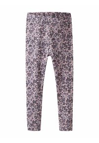 Legginsy wykonane z miękkiego, elastycznego materiału w różowym kolorze, z kwiecistym wzorem w ciemnoniebieskich, zielonych i fioletowych odcieniach.