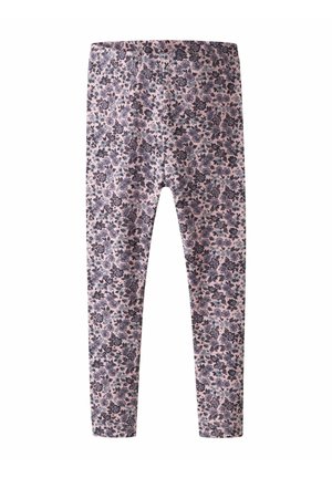 Leggings aus weichem, dehnbarem Material mit einem pinken Hintergrund und einem floralen Muster in Dunkelblau, Grün und Violett.