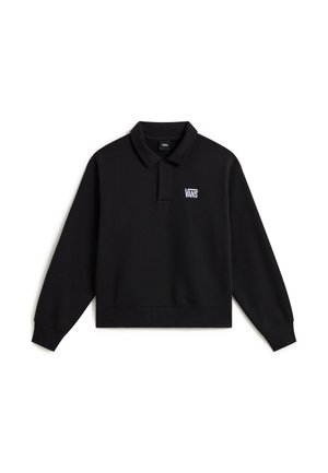 Zwarte poloshirt met lange mouwen, kraag en Vans-logo geborduurd op de linkerborst.