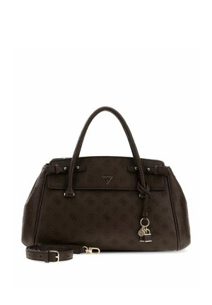 Sac à main structuré marron foncé avec motif monogramme embossé, double poignée, une bandoulière amovible et des breloques en forme de cadenas décoratives.