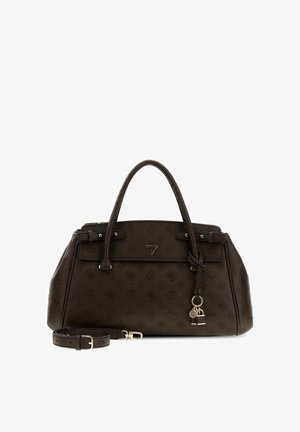Borsa strutturata marrone scuro con motivo monogramma in rilievo, doppi manici, tracolla staccabile e ciondoli decorativi a forma di lucchetto.