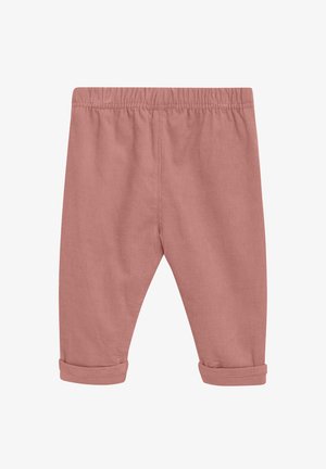 Katoenen, koraalroze broek met een elastische tailleband, rechte pijpen en opgerolde mouwen. Glad textuur met een geribbeld patroon overal.