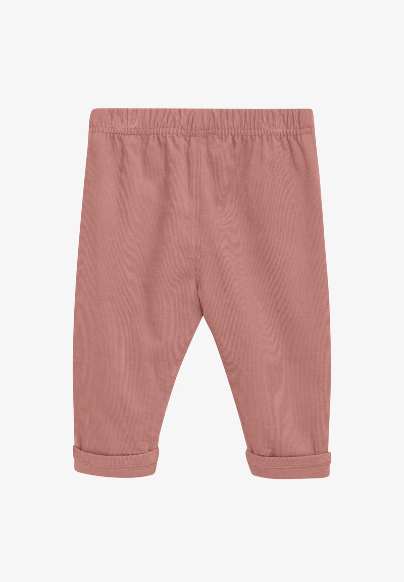 Katoenen, koraalroze broek met een elastische tailleband, rechte pijpen en opgerolde mouwen. Glad textuur met een geribbeld patroon overal.