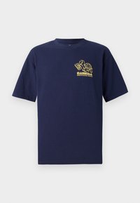 Navy blue cotton t-shirt with short sleeves and a round neckline. Features a yellow graphic of a turtle holding a device and text.